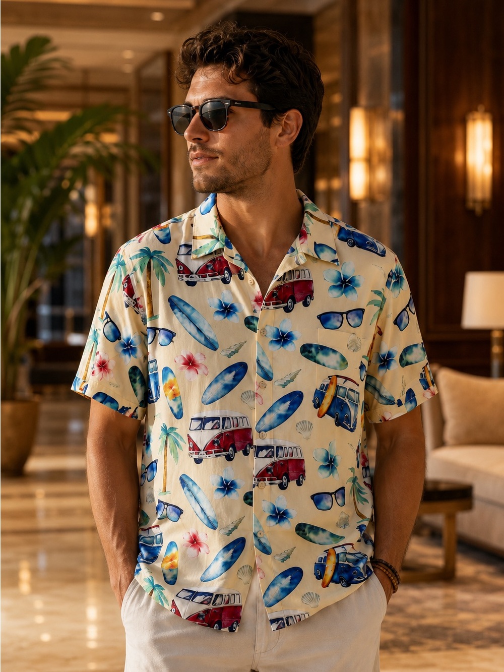 NWT Shelucki Tropical Hawaiian Button-Up Shirt Surfboard Beach Print Size M